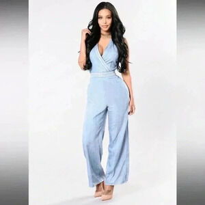 Fashion Nova Sky Blue Wrap Jumpsuit